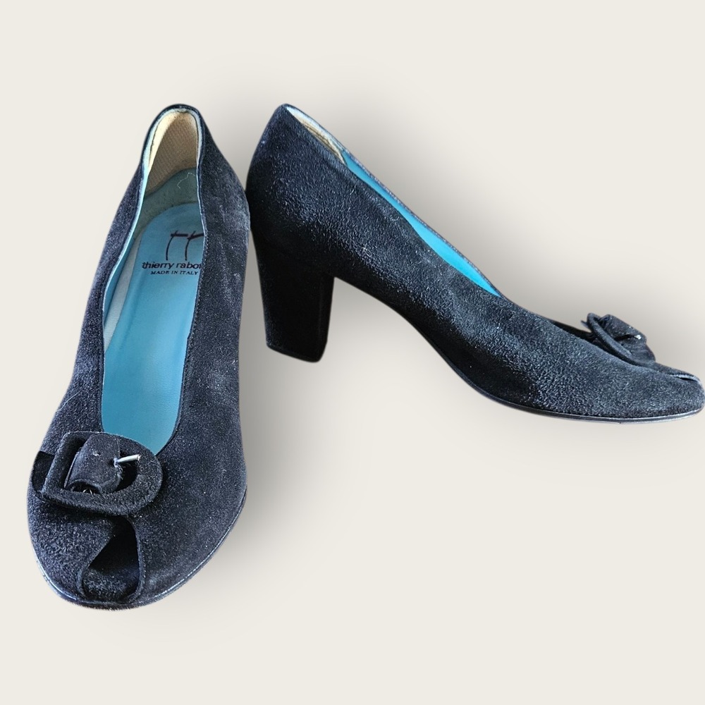 Thierry Rabotin Peep Toe Black Suede Leather Pump Buckle Made in‎ Italy EU 40